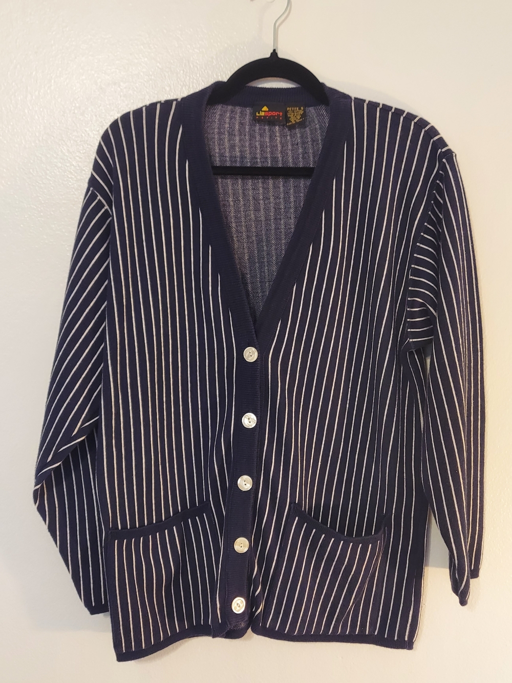 Liz Sport Vintage Navy Pinstripe Cotton Cardigan with Buttons Size SP